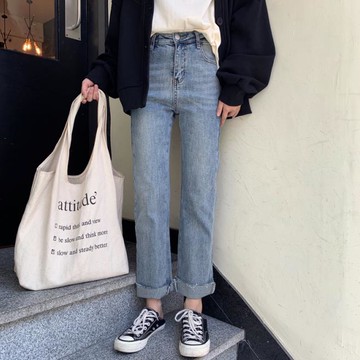 泫雅牛仔褲女學生小個子高腰顯瘦chic直筒褲港味秋裝1入
