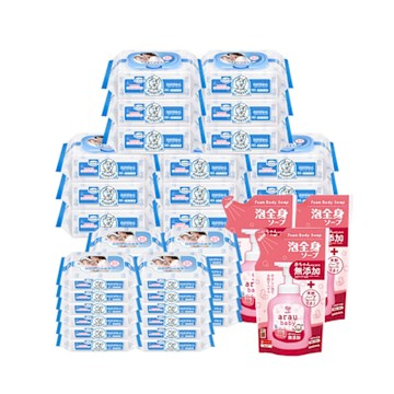 【Baan 貝恩】保養柔濕巾80抽15包+20抽24包+愛樂寶 寶貝無添加2合1洗髮沐浴泡泡補充包450ml*3入