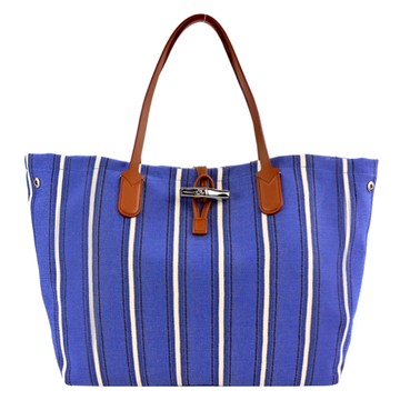 [平輸版]LONGCHAMP ROSEAU ESSENTIAL RAYÉ系列竹節帆布條紋托特包(大/鈷藍)真品平輸