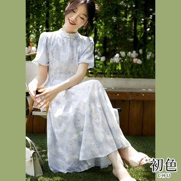 初色  中式刺繡緹花收腰旗袍領泡泡袖短袖連衣裙中長裙洋裝-藍色-69294(M-2XL可選)