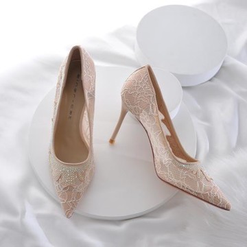 羊皮杏色蕾絲高跟鞋2025年秋季新款配裙子網紗高跟單鞋性感晚禮服