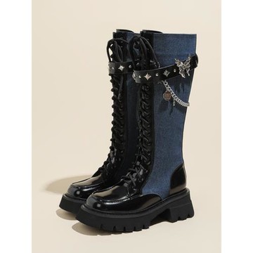 甜酷風炸街蝴蝶鏈條長靴女英倫風小眾粗跟高筒馬丁靴厚底騎士靴子