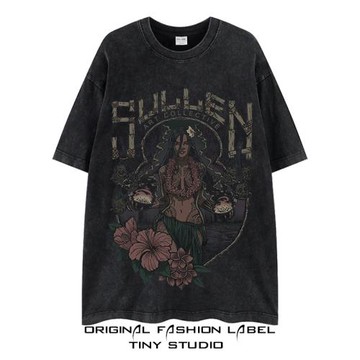 水洗純棉oversize美式復古原始人高街暗黑短袖做舊嘻哈寬松夏t恤