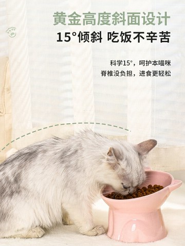 可愛貓碗陶瓷防黑下巴傾斜高腳護頸貓盆狗碗飲水寵物碗食盆防打翻【淘夢屋】