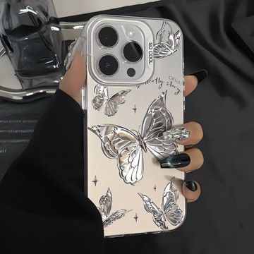 網紅手機殼🌈銀色紛飛蝴蝶蘋果15手機殼iPhone14promax/13/12/11復古潮牌X創意