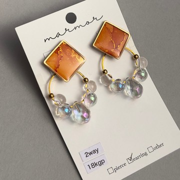 【現貨僅一件】橘色 2way 酒精墨水藝術 耳環 18kgp 長款 金色 獨特設計 獨一無二 金屬不過敏 簡約