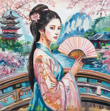 原創畫 The Girl at the Pagoda Painting 原創藝術油畫 布面油畫
