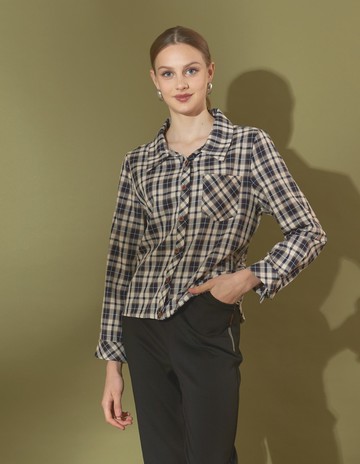 ★【喜芝梅】格紋思緒 經典格子抽繩下擺設計寬鬆百搭休閒上衣(兩色；M-3L) 224160213