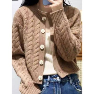 100%純羊毛加厚復古扭花圓領開衫外套短款高腰毛衣DYSZ630031