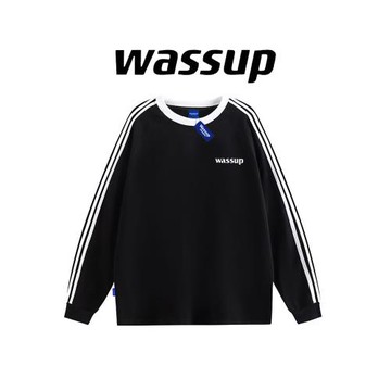 WASSUP重磅美式復古休閑條紋長袖T恤男女同款春秋打底衫情侶純棉