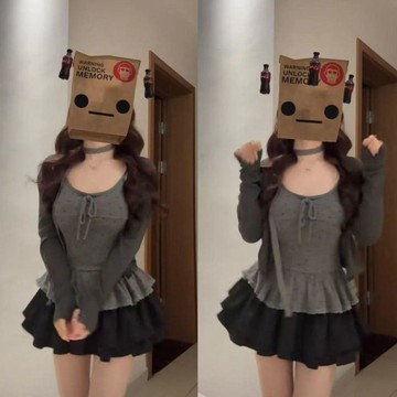 可可裡👛女裝 套裝 韓系一整套 胖妹妹 ootd穿搭 氣質 巨好看 灰色開衫吊帶背心短裙三件套