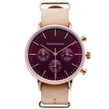 Apollo 中性三眼瘋馬皮腕錶 三眼酒紅-瘋馬皮奶茶色