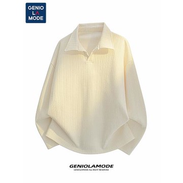 GENIOLAMODE男款polo領衛衣日系慵懶豎紋肌理感重磅翻領秋長袖t恤