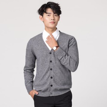 秋冬新款男士純色山羊絨開衫寬松保暖針織衫空調衫打底衫短款外套