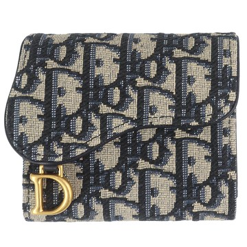 Dior 迪奧 SADDLE 藍緹花帆布押扣三折短夾-4卡