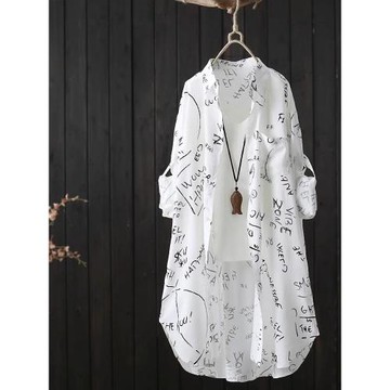 夏季女裝批新款發慵懶風寬松長袖防曬衣中長款字母印花襯衫薄外套