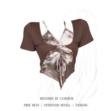 大碼設計感不規則撞色扎染假兩件短袖T恤胖妹妹抽繩掛脖純欲上衣