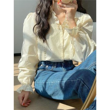 奶黃色早秋季宮廷風別致長袖襯衫