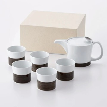 白山陶器 麻紋 1壺5杯禮盒組 - 咖啡色