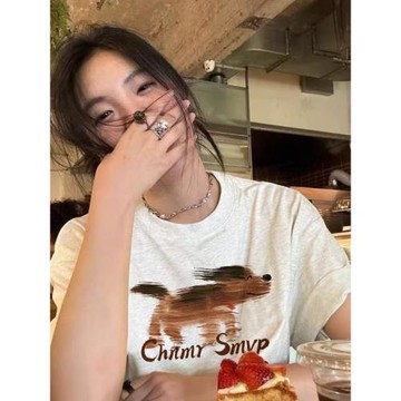 胖mm美式夏季短袖t恤男女純棉設計感小眾美式寬松半袖特大碼上衣