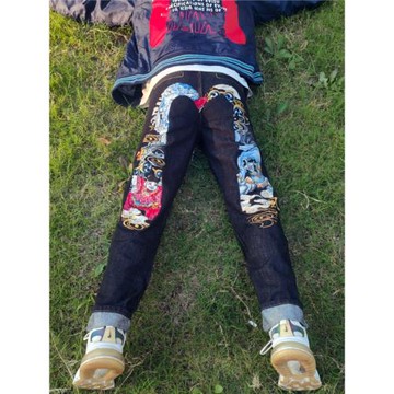 (免運)潮男牛仔褲男女同款秋冬季黑色個性刺繡大碼寬松直筒修身厚牛仔褲