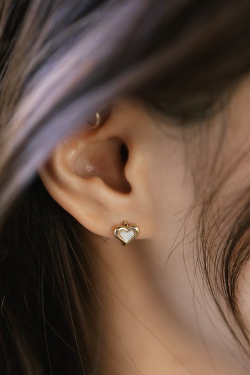 Ocean Heart天然貝殼愛心易扣耳環 925純銀鍍18k金