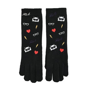 KARL LAGERFELD 卡爾 貓咪電繡印花徽章長版針織手套.黑