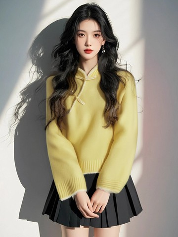 新中式國風盤扣立領黃色針織毛衣 女秋冬高級感獨特漂亮溫柔風上衣 甜美清新氣質寬鬆毛衣 毛衫 秋季上衣 毛線衣 百搭針織衫