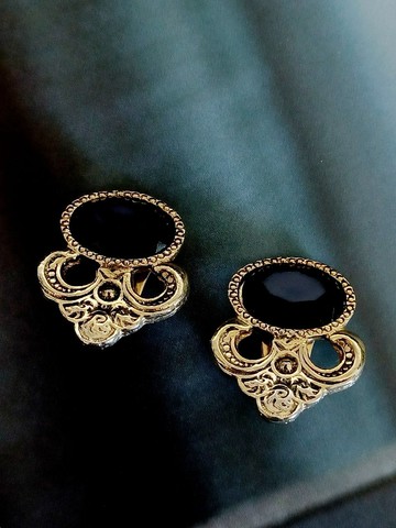 vintage jewelry  典雅黑石鳶尾花圖騰 夾式耳環
