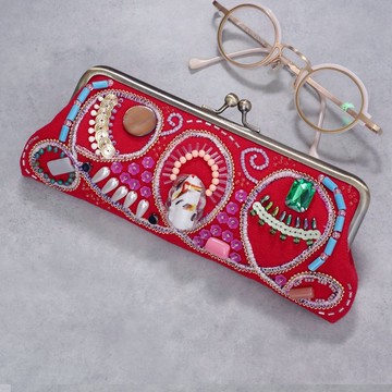 綴珠刺繡口金眼鏡盒・筆袋 No.14 紅色 × 綴珠刺繡 獨一無二 母親節・敬老節禮品