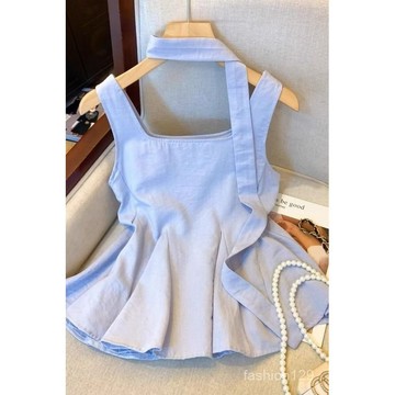 💞韓女穿搭💞藍色甜美荷葉邊吊帶背心女夏季外穿小衆設計感飄帶無袖上衣娃娃衫
