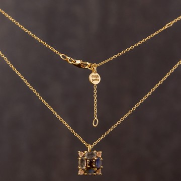 只有一組| MUJA JUMA  方形花寶石 | 光譜石+ 蜜桃月光石| 925純銀鍍18K金項鍊|送禮最有誠意