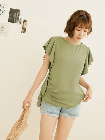 純色觸膚涼感荷葉抽皺波浪袖上衣