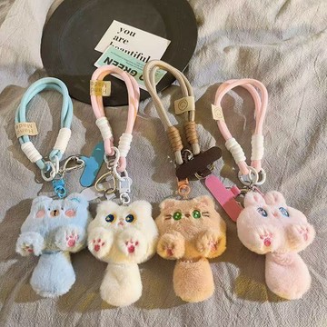 臺灣/✨搞怪卡通橘色毛絨貓尾巴手機鏈條卡通掛件編織帶掛鏈手繩韓系掛繩