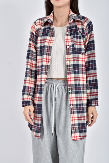(S) 長版格紋長袖藍紅色外套