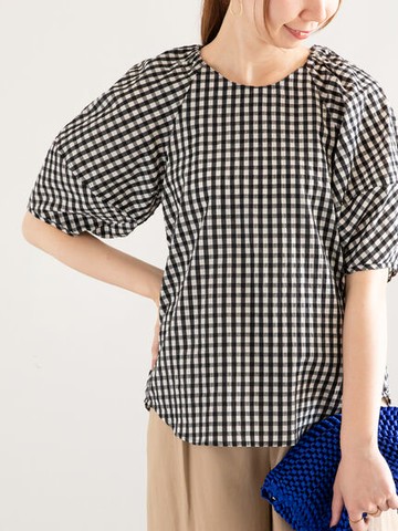 格紋燈籠袖前短後長襯衫(FC43L0A0880) - Te chichi