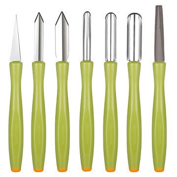 tescoma Carving 蔬果雕刻刀七件組 366g  外盒(18 x 14 x 2.5cm)+刀握柄直徑(1.2 x 10cm)+尖刀(4 x 1cm)+小角刀(4.5 x 0.8cm)+大角刀(4.5 x 0.2cm)+小丸刀(4.3 x 0.8cm)+中丸刀(4.3