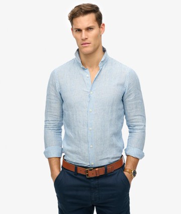 Superdry Men's Vacation Long Sleeved Linen Shirt Blue Size: M