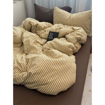 ins中古風咖色條紋純棉四件套混搭被套床單學生三件套全棉床笠1.8