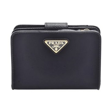 PRADA 經典TESSUTO  TRIANG系列經典金色三角LOGO尼龍對折短夾(黑)