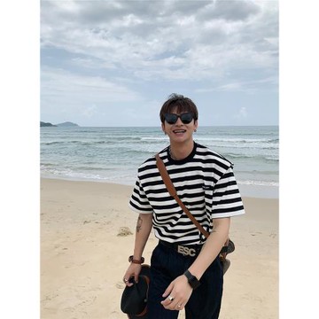 ESC MAN STUDIO/自制 CHIC肩部細節疊層黑白條紋短袖T恤休閑短tee