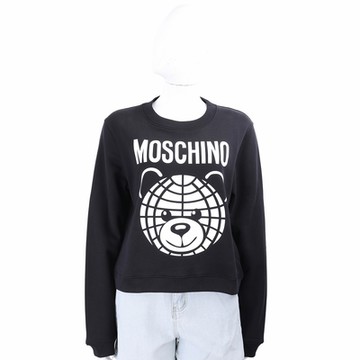 MOSCHINO 地球花紋泰迪熊印花黑色純棉運動衫 大學T