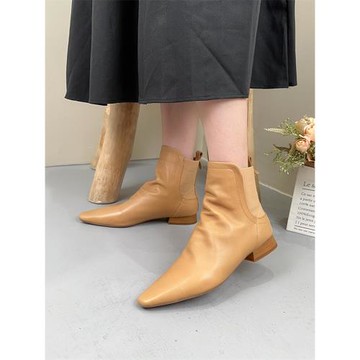 真皮純色套腳尖頭低跟切爾西靴