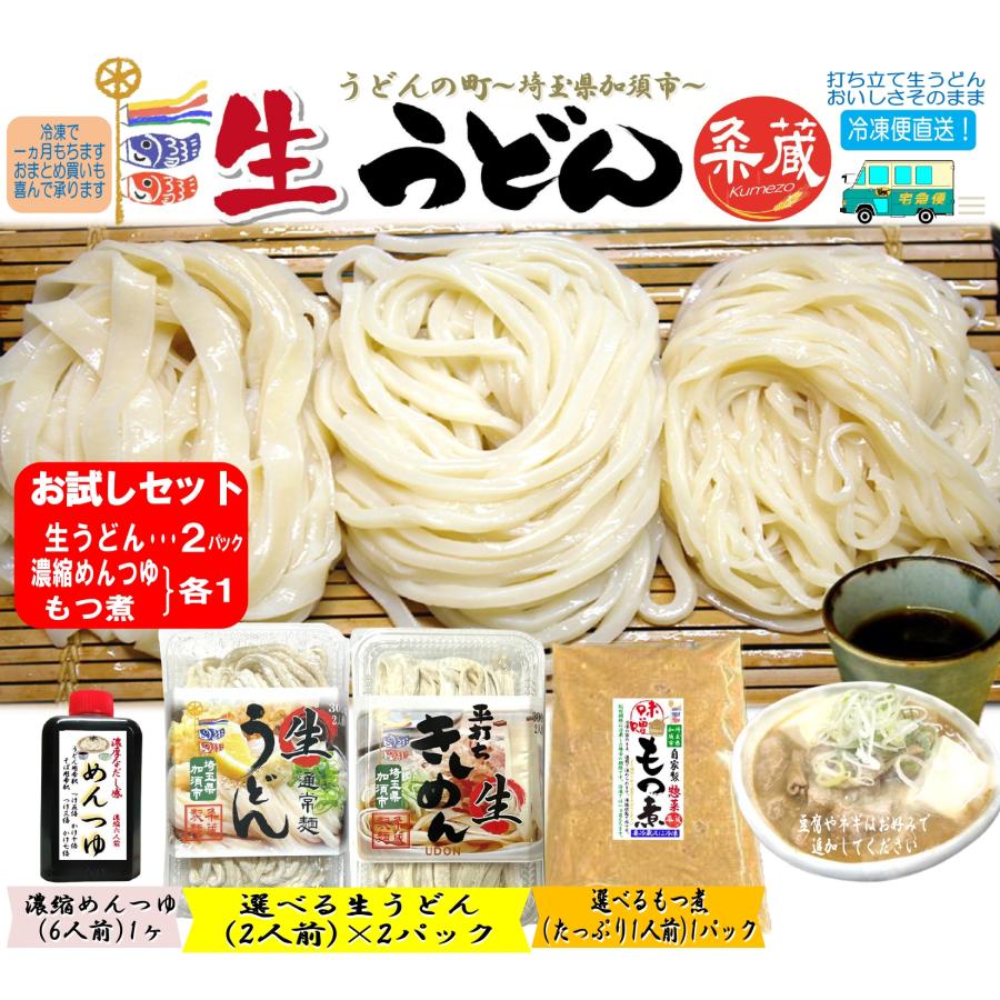 お試しセット　選べる生うどん2パック（300ｇ×2）、めんつゆ１ヶ、選べるもつ煮1パック付セット　打ち立て生うどん　自家製惣菜　冷凍便直送