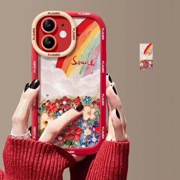 酷圖適用蘋果17promax手機殼新款彩虹花朵15pro保護套紅色iphone16小清新13全包防摔12高級感文藝14網紅女款x
