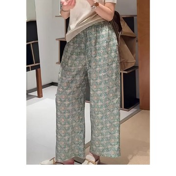 棉麻褲 9分褲 透氣 涼快 亞麻 印花休閒褲女 垂感舒適 百搭花紋九分褲子 0417