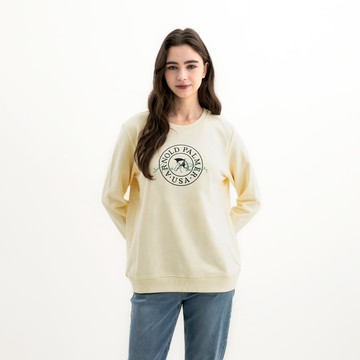 【網路獨家款】女裝-學院風刺繡LOGO圓領長袖大學T-米黃色