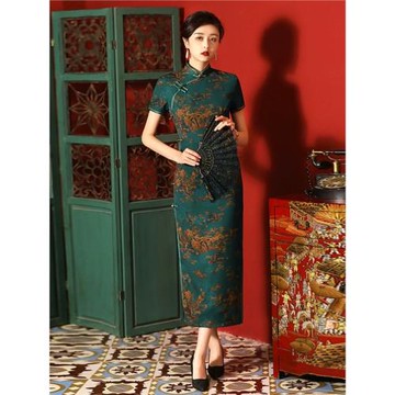 名麗夏季復古雙層花羅長款改良旗袍民國風年輕氣質優雅顯瘦連衣裙