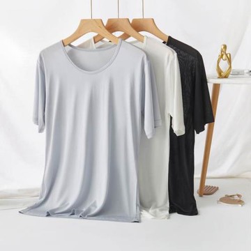 日單真絲針織短袖T恤男親膚透氣上衣桑蠶絲打底衫家居服休閑男裝