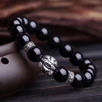 開光 天然黑曜石貔貅手鏈 泰銀轉運貔貅手串 天然黑曜石手串